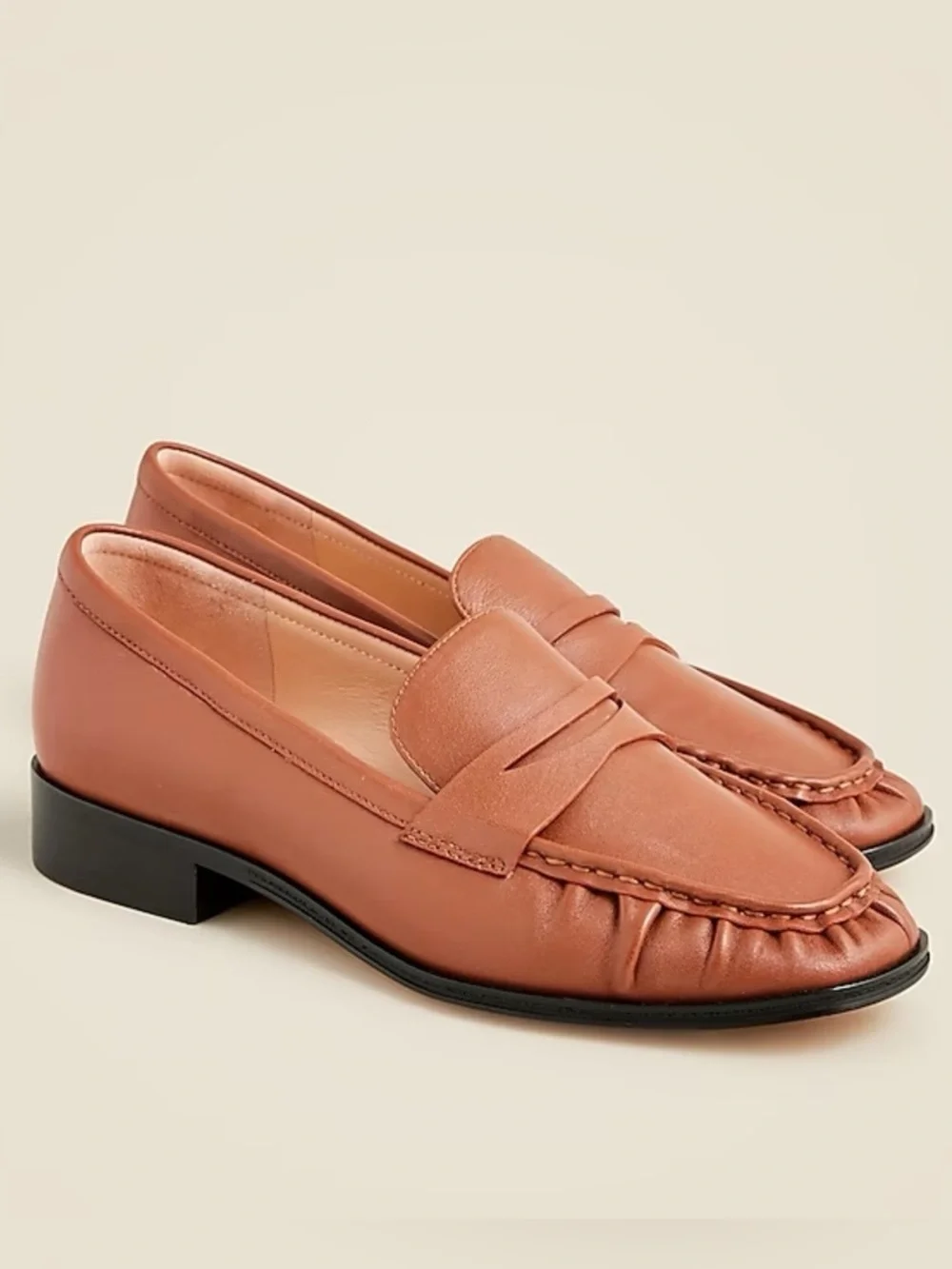 J Crew 9 Ruched Leather Loafer Saddle Camel Quiet Luxury Office Preppy Classic